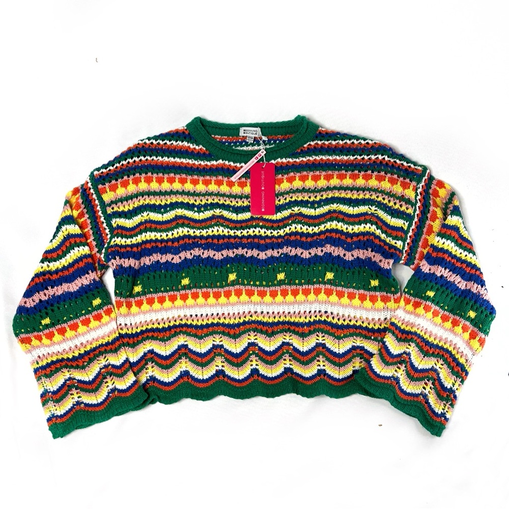 NWT Beginning Boutique Granny Afghan Multicolor Knit Sweater S / M - Picture 2 of 8